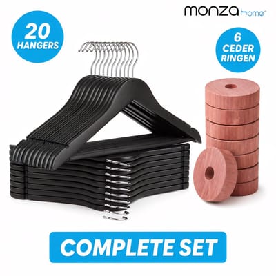 Kledinghangers Hout met Cederhout – Set van 20 Zwarte Houten Kleerhangers + 6 Ceder Ringen tegen Motten – Anti-slip Broeklat – 360° Draaibare Haak – 44,5 cm – FSC – Monza Home