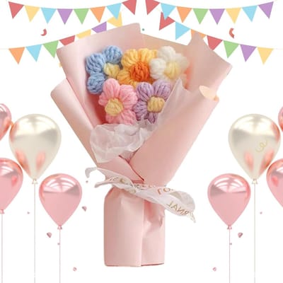 Gehaakt Boeket - Kunstbloemen Decoratie - Woonkamer Aankleden - Duurzaam Gebreid - 14 cm Breed - Roze