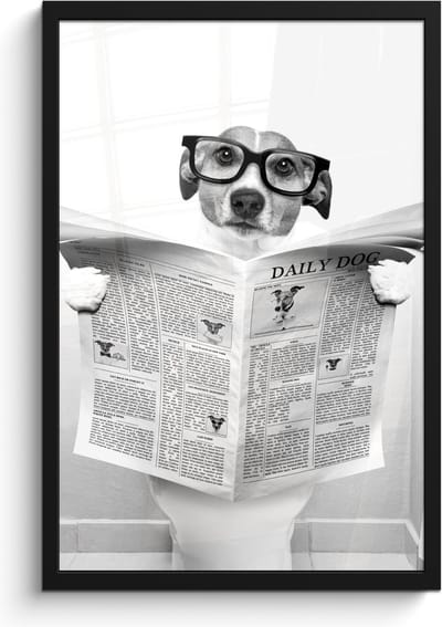 Poster in lijst - Fotolijst 40x60 cm - Posters - Hond - Krant - Toilet - Zwart wit - Dieren - Posterlijst zwart - Wanddecoratie badkamer - Muurdecoratie WC - Decoratieve accessoires - Toilet muur decoratie