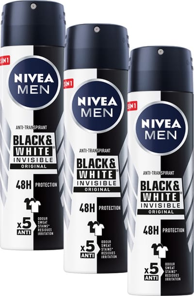 NIVEA MEN Invisible for Black & White Power Deodorant Spray - 3 x 150 ml - Voordeelverpakking