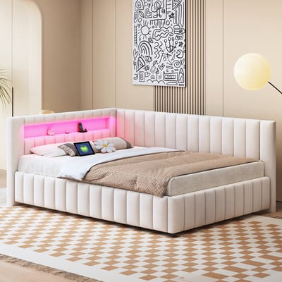 MEUNIQ slaapbank 140x200 cm met LED-verlichting en USB-aansluiting, gestoffeerd bed met rugleuning, hoofdbord en lattenbodem voor slaapkamer of logeerkamer, beige