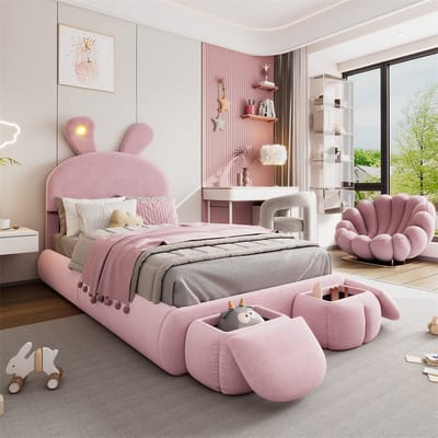 Sweiko Kinderbed - 90x200 cm - Met verstelbare lichtsterkte - Konijnenoren - 2 opbergbankjes - Lattenbodem - Fluweel - Roze