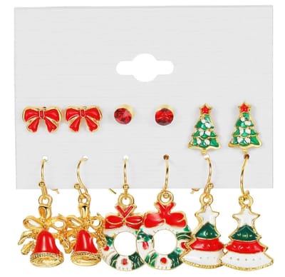 Plux Fashion Kerst Oorbellen 6 Set Twee - Goud - Sieraden - Oorbellen - Oorhangers - Oorstekers - Sieraad Set- Kerst Set - Sieraden Cadeau - Jewellery Set - Christmas Set - Duurzame Kwaliteit - Kerst - Gold Set
