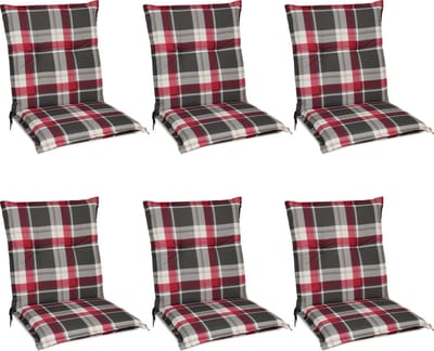 Beautissu Sunny RK – Set van 6 Tuinkussens Lage Rug 100x50 cm met UV-lichtechtheid Comfortabele Tuinstoel Zitkussen Rood Grijs geruit