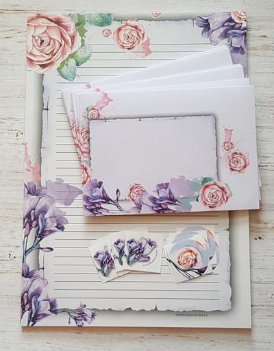 Briefpapier Watercolor Flowers - 12 vellen A4 formaat - 6 enveloppen met sluitstickers - Meer Leuks - Postpapier Bloemen