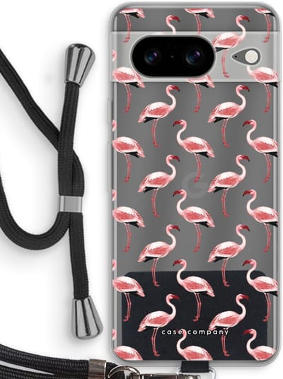 Case Company® - Hoesje met koord geschikt voor Google Pixel 8 hoesje met Koord - Flamingo - Telefoonhoesje met Zwart Koord - Bescherming aan alle Kanten en Over de Schermrand