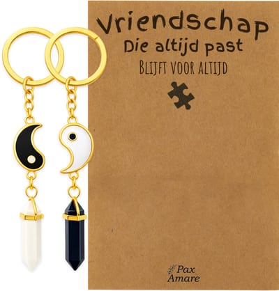 BFF Sleutelhanger voor 2 'Vriendschap die altijd past' - Yin Yang met Edelsteen - Sleutelhanger set op Cadeau Kaartje - Goudkleurig - Vriendschap Symbool - Pax Amare