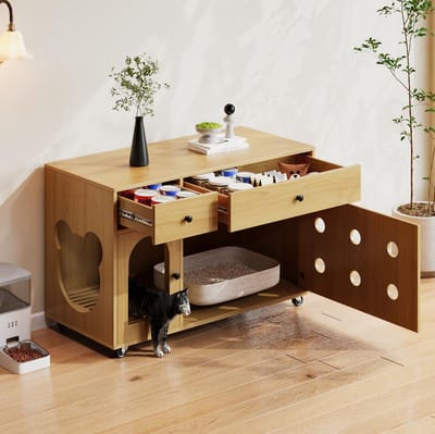 MIVRAY Kattenbakcontainer - Verborgen Kattenbak Kast Met Lades En Ventilatie - Voor Woonkamer En Hoek - Spaanplaat - 100x45x66 Cm - Naturel