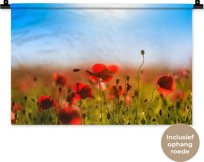 Wandkleed Klaproos - Klaprozen onder een helderblauwe hemel Wandkleed katoen 60x40 cm - Wandtapijt met foto