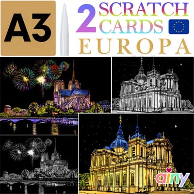 Ainy - Scratch Art Europa | Parijs & België (A3) | 2 krastekeningen inclusief kraspen | Kras tekeningen | Schilderen op kleuren kunst kraskaart | hobby & creatief voor volwassenen en kinderen | Knutselen - ontspanningspakket