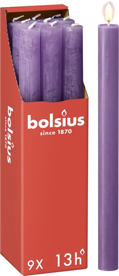 Bolsius - Rustieke Dinerkaarsen - Paars - 9 stuks - 13 branduren - 27 cm