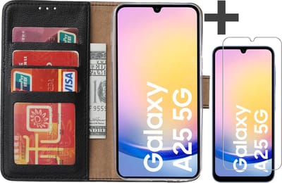 Hoesje met Screenprotector Geschikt voor Samsung Galaxy A25 – Arara bookcase met pasjeshouder - Zwart