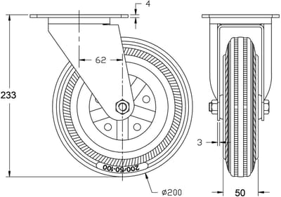 200 mm (8") rubberen zwenkwiel, draaibaar, met een draagvermogen van 400 kg, set van 2