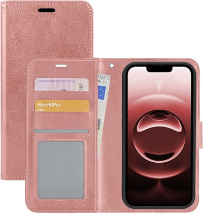 Hoesje - Met Pasjeshouder - Geschikt voor Apple iPhone 16e / 17e - Luxe Bookcase Portemonee - Flip Case - Kunstleer Book Case - Flipcase - Book Cover - Walletcase - Portemonneehoes - Rosé goud