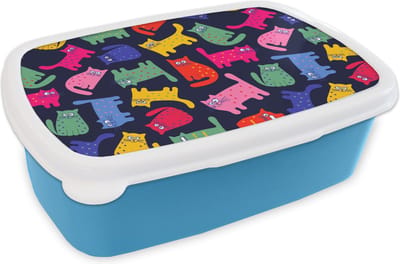 Broodtrommel Blauw - Lunchbox - Brooddoos - Patronen - Kat - Regenboog - Roze - Meisjes - Kinderen - Kindje - 18x12x6 cm - Kinderen - Jongen