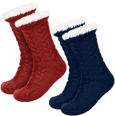 JAXY Huissokken - Huissokken Dames en Heren - Verwarmde sokken - Anti Slip Sokken - Fleece Sokken - Dikke Sokken - Fluffy Sokken - Slofsokken - Warme Sokken - Bedsokken - Gevoerde Sokken - Winter Sokken - 2 Paar - Blauw en Rood