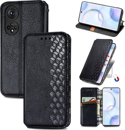 Luxe PU Lederen Ruitpatroon Wallet Case + PMMA Screenprotector voor Honor 50 _ Zwart