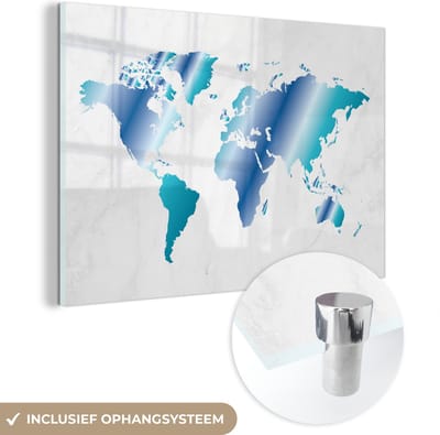 ® Glasschilderij 120x80 cm - Schilderij acrylglas - Wereldkaart - Blauw - Marmer - Foto op glas - Muurdecoratie woonkamer - Wanddecoratie slaapkamer - Schilderijen