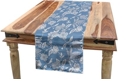ABAKUHAUS Tafelrok Blauw-Wit Vintage Bloemen 40x225 cm – Wasbaar op 40°C
