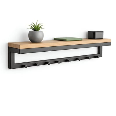 TOJ 8 Haaks Wandkapstok – 60cm - Muur / Wand Kapstok - Hangende Design Muurkapstok - Incl. Houten Plank - RVS - Mat Zwart