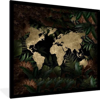 Poster in lijst - Fotolijst 40x40 cm - Posters - Wereldkaart - Planten - Retro - Posterlijst zwart - Decoratie - Wanddecoratie woonkamer - Muurdecoratie slaapkamer
