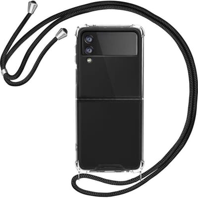 ShieldCase Hoesje geschikt voor Samsung Galaxy Z Flip 3 shock hoesje met koord - Hoesje met telefoonkoord - Zwart koord - Transparant