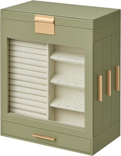 Sieradendoos, sieradendoos 5 niveaus, sieradendoos met glazen ramen, zijladen, grote spiegel, sieradenopslag, 15,5 x 26,1 x 32 cm, lauriergroen-metallic goud