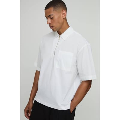 Oversized Boxy Shirt Met Kwart Rits En Korte Mouwen | White | Size XS