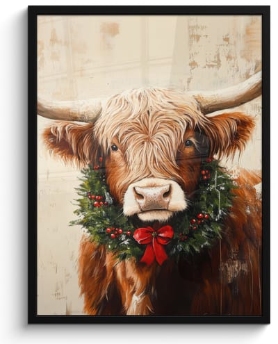 Poster in lijst - Fotolijst 50x70 cm - Posters - Kerst - Schotse Hooglander - Bruin - Krans - Posterlijst zwart - Decoratie - Wanddecoratie woonkamer - Muurdecoratie slaapkamer - Kerstversiering - Kerstdecoratie voor binnen - Kerstmis
