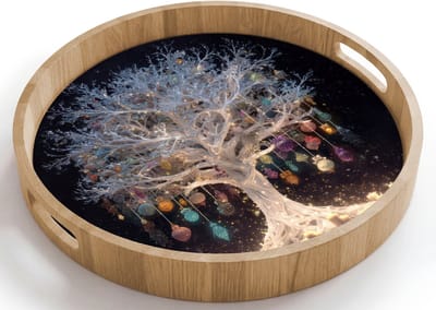 Dienblad rond 40x40 cm - Schootdienblad hout - Sneeuwboom - Lichtjes - Wit - Kleurrijk - Borrelplank rechthoek - Plateau houten dienbladen
