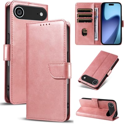 Bookcase Hoesje Geschikt voor iphone 17 Air – Luxe PU Kalfsleer Telefoonhoes – Portemonnee Hoesje met Kaartvakken, Contant Geldvak, Magneetsluiting & Standaardfunctie - Rosegoud