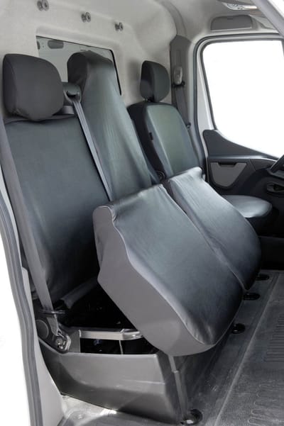 Walser Autostoelhoes Transporter Fit Kunstleer antraciet geschikt voor Opel Movano - Renault Master - Nissan NV400 - 1 enkele zitplaats voorin (uitsparing armleuning) & - dubbele zitplaats voorin