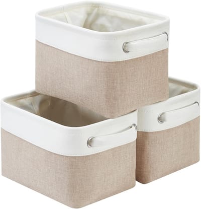 Kleine Opbergdozen van Canvas, Vouwbare Opbergmanden met Handvatten voor Kasten, Planken en Speelgoed (3 Stuks, Khaki-Wit)