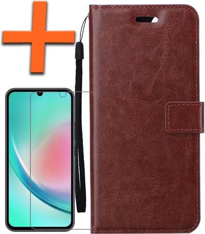 Hoes - Met Screenprotector - Geschikt voor Samsung Galaxy A34 - Luxe Pasjeshouder - Bookcase Portemonee - Flip Case - Kunstleer Book Case - Flipcase - Book Cover - Walletcase - PortemonneeHoes - Bruin