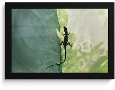 Poster in lijst - Fotolijst 30x20 cm - Posters - Hagedis - Blad - Nerven - Groen - Posterlijst zwart - Decoratie - Wanddecoratie woonkamer - Muurdecoratie slaapkamer