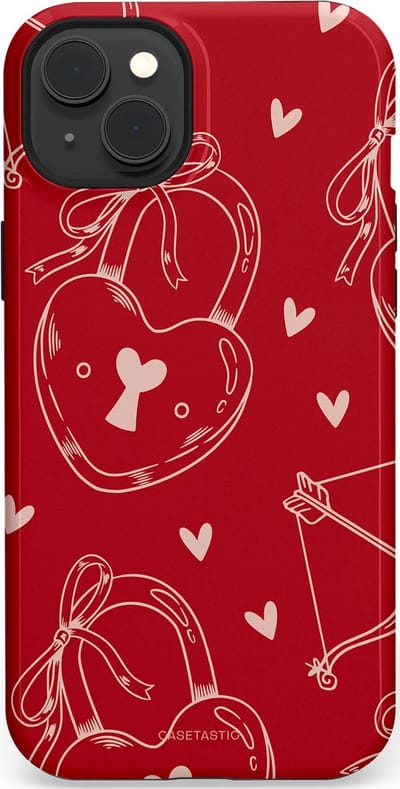 Casetastic Hoesje Geschikt voor Apple iPhone 15 Plus Magsafe - Stijlvolle Beschermende Duo-layer Case - Hartendief - Liefdes Slotjes - Valentijn - Valentine - Love - Rood Wit