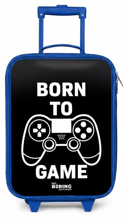 NoBoringSuitcases.com® - Kinderkoffer blauw - Kindertrolley jongen - Born to game met controller - Koffer kind lichtgewicht - Reiskoffer trolley voor kinderen - Koffertje met lichtgevende wieltjes - Rolkoffer