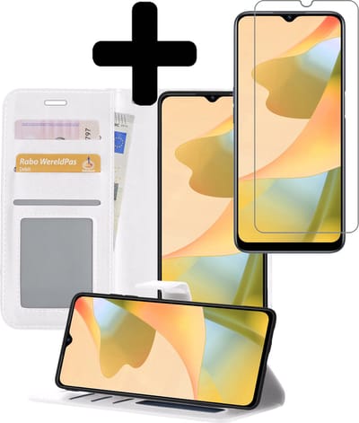 Hoesje - Met Screenprotector - Geschikt voor OPPO A16 - Luxe Pasjeshouder - Bookcase Portemonee - Flip Case - Kunstleer Book Case - Flipcase - Book Cover - Walletcase - Portemonneehoes - Telefoonhoesjes - Wit