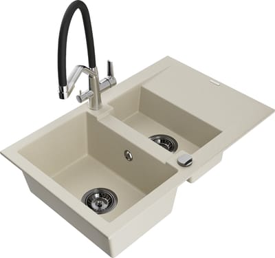 Mexen Gaspar granieten gootsteen 1,5-kamer met afdruiprek en keukenkraan Duo, beige - 6507-69-671701-07-B