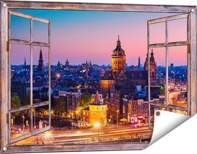 Gards Tuinposter Doorkijk Amsterdam Skyline bij Zonsondergang - 90x60 cm - Tuindoek - Tuindecoratie - Wanddecoratie buiten - Tuinschilderij