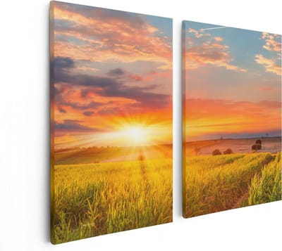 Artaza Canvas Schilderij Tweeluik Zonsopgang Op Het Maïsveld - 80x60 - Foto Op Canvas - Canvas Print