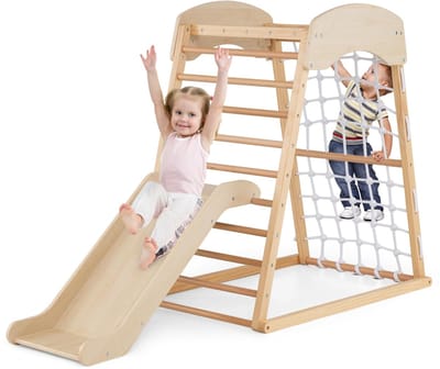 COSTWAY Klimrek voor binnen, 6-in-1 pull-up bar, glijbaan, klimrotsen, klimnet, ladder en tunnel, indoor speelplaats voor kinderen vanaf 1 jaar