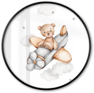 Poster in lijst Rond - Fotolijst 60x60 cm - Posters - Beer - Vliegtuig - Sterren - Kinderen - Ronde posterlijst zwart - Decoratie - Wanddecoratie woonkamer - Muurdecoratie slaapkamer