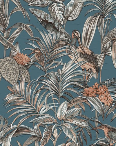 Vogels behang Profhome DE120016-DI vliesbehang hardvinyl warmdruk in reliëf gestempeld met exotisch patroon glanzend blauw petrol zilver caramel bruin 5,33 m2