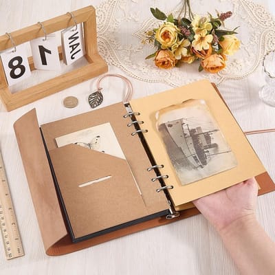 Bruin PU-lederen fotoalbum met 32 pagina's, herinneringen vastleggen, scrapbook voor bruiloften, reizen en verjaardagen met 20 schrijfspacers