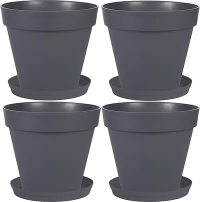 Set van 4x stuks bloempotten Toscane kunststof antraciet grijs D20 x H17 cm inclusief onderschalen D15 cm - Plantenpotten set