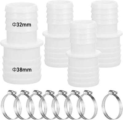 Pack van 4 universele zwembadslangkoppelingen 32-38 mm met 8 roestvrijstalen klemmen – Compatibel met wasmachines, zwembadvacuum en pompen