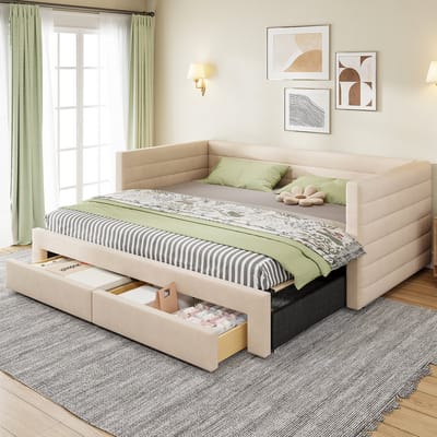 Gestoffeerd 3-in-1 Slaapbank - 90x190 cm - Uittrekbaar + Laden + Enkel/Doppelbett Umbaubar - Baumwolle / Linnen - Beige