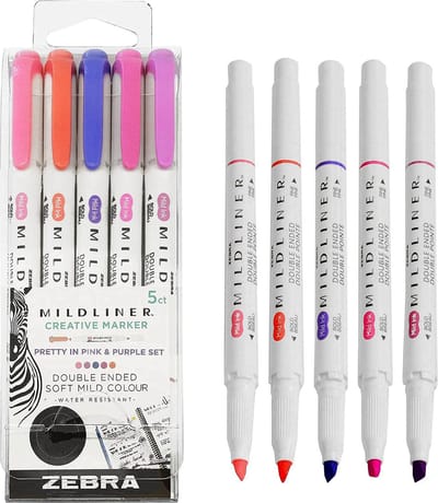 Zebra Mildliner Double Sided Tekstmarker - Pretty in Pink and Purple Set van 5 verpakt in een Zipperbag
