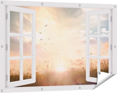 Gards Tuinposter Doorkijk Silhouet Vogels tijdens Zonsopkomst - 120x80 cm - Tuindoek - Tuindecoratie - Wanddecoratie buiten - Tuinschilderij